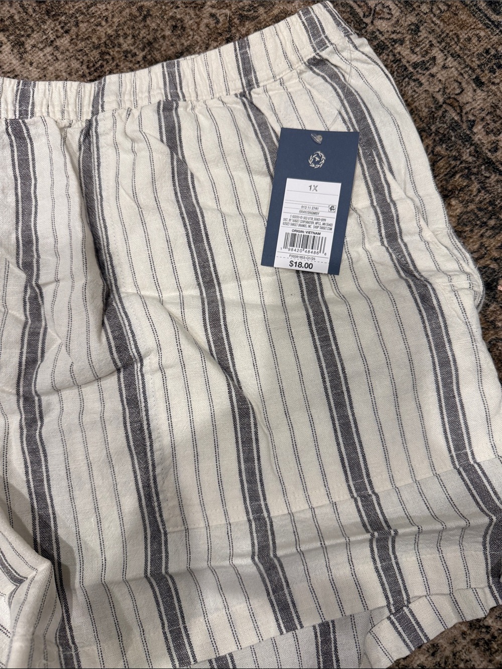 Striped Casual Linen-Look Shorts - Cream & Gray 1X new with tag - Picture 2 of 5